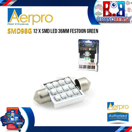 Aerpro SMD98G 12X Super SMD LED 36mm Festoon Interior Globe Green