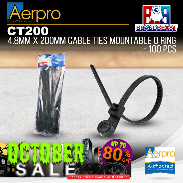 Aerpro CT200 4.8mm x 200mm Cable Ties 100 Pack Mountable O Ring