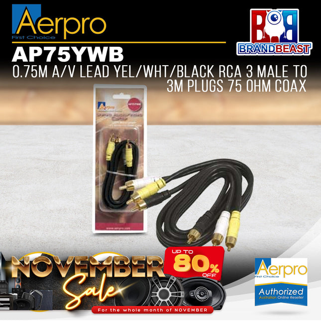 Aerpro AP75YWB .75M A/V Lead Yellow/White/Black RCA 3m to 3m Plugs 75 Ohm Coax
