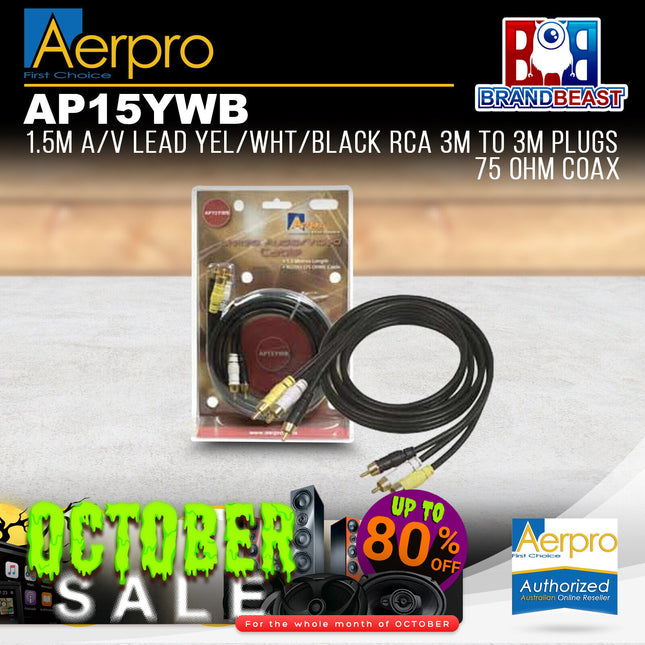 Aerpro AP15YWB 1.5M A/V Lead Yellow/Black/White RCA 3M-3M Plugs