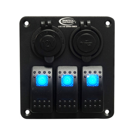 Baintech BTSWITCH3 Aluminium Rocker 3 Switch Panel 12V/24V - Pre-Wired Power Distribution Panel with USB Charging and Cigarette Socket