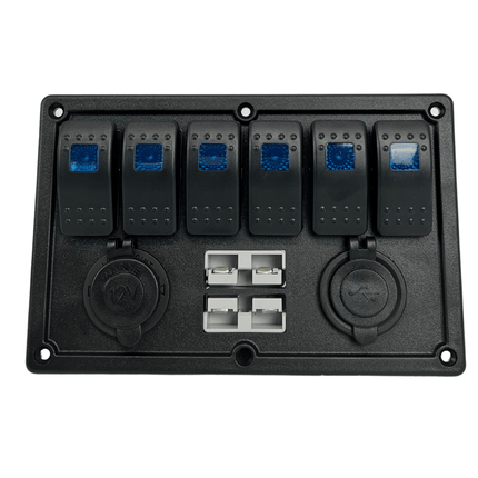BAINTECH BTSWITCH6-DA 6-Way Switch Panel with Dual Anderson, USB, Ciga Socket & Voltmeter - Complete Electrical Control Center for 4WD, Caravan & Marine