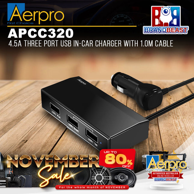 Aerpro APCC320 4.5A Three Port USB In-Car Charger With 1.0M Cable