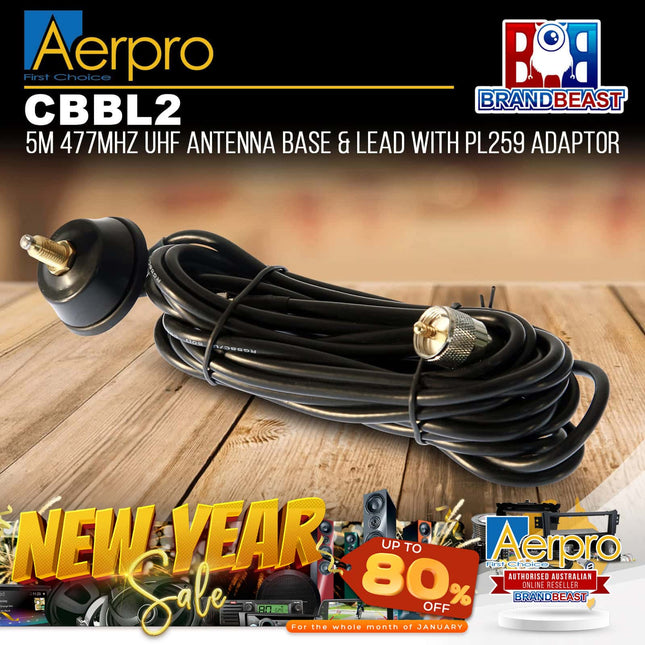 Aerpro CBBL2 5m 477MHz UHF Antenna Base &amp; Lead with PL259 Adaptor