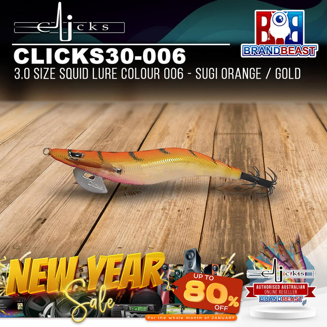 Clicks CLICKS30-006 3.0 Size Squid Lure Colour 006 - Sugi Orange / Gold