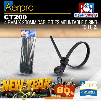 Aerpro CT200 4.8mm x 200mm Cable Ties 100 Pack Mountable O Ring