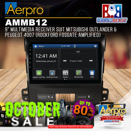 Aerpro AMMB12 9" Multimedia Receiver Suit Mitsubishi Outlander & Peugeot 4007