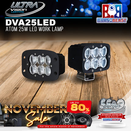 Ultra Vision Lighting DVA25LEDEU/UBB 5700K Euro Beam U-Bracket ATOM 25W LED Work Lamp - Black