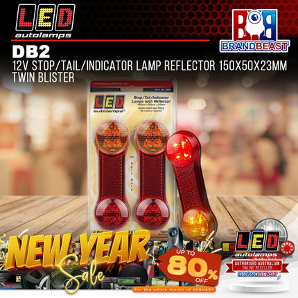 LED Autolamps DB2 12V Stop/Tail/Indicator Lamp Reflector 150x50x23mm TwinBlister