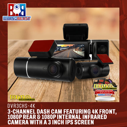 DNA DVR3CHS-4K 3-Channel Dash Cam Featuring 4K Front, 1080p Rear & 1080P Internal Infrared Camera With A 3 inch IPS Screen