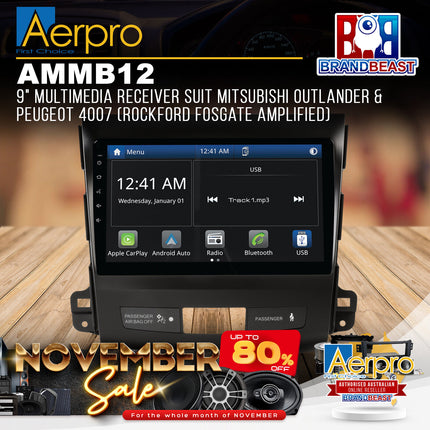 Aerpro AMMB12 9" Multimedia Receiver Suit Mitsubishi Outlander & Peugeot 4007