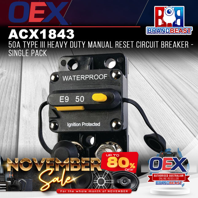 OEX ACX1843 50A Type III Heavy Duty Manual Reset Circuit Breaker - Single Pack