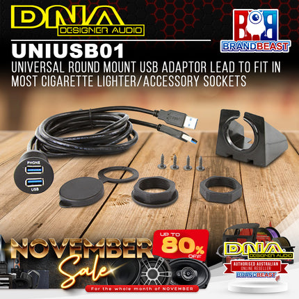 DNA UNIUSB01 Universal Round Mount USB Adaptor Lead To Fit In Most Cigarette Lighter / Accessory Sockets