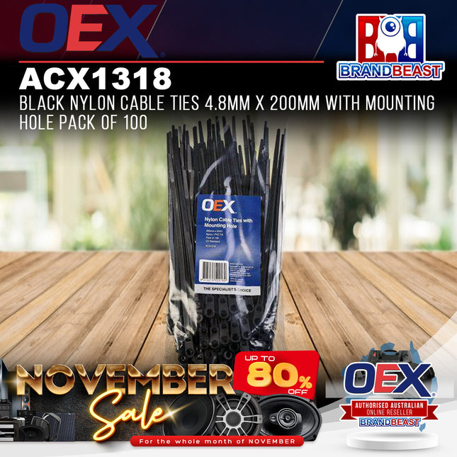OEX ACX1318 Black Nylon Cable Ties 4.8mm x 200mm with Mounting Hole Pack of 100