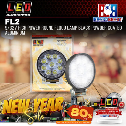 LED Autolamps FL2 9/32V High Power Round Flood Lamp Black Powder Coated Aluminum