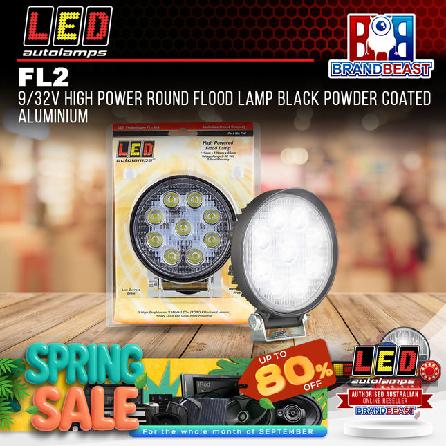 LED Autolamps FL2 9/32V High Power Round Flood Lamp Black Powder Coated Aluminum
