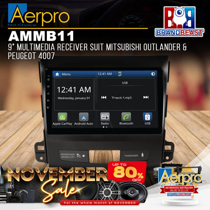 Aerpro AMMB11 9" Multimedia Receiver Suit Mitsubishi Outland & Peugeot 4007