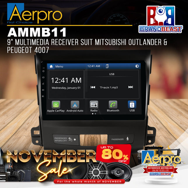 Aerpro AMMB11 9" Multimedia Receiver Suit Mitsubishi Outland & Peugeot 4007