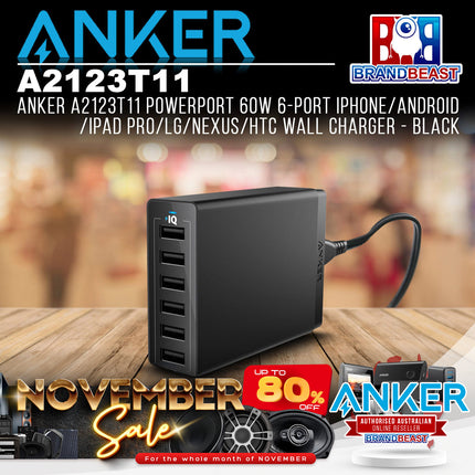 Anker A2123T11 PowerPort 60W 6-Port iPhone/Android/iPad Pro Wall Charger - Black
