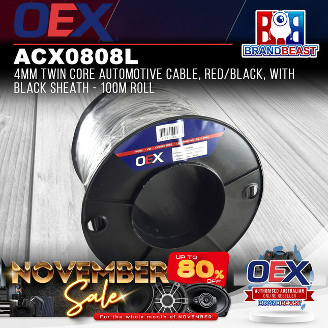 OEX ACX0808L 4mm Twin Core Automotive Cable, Red/Black, Black Sheath 100m Roll