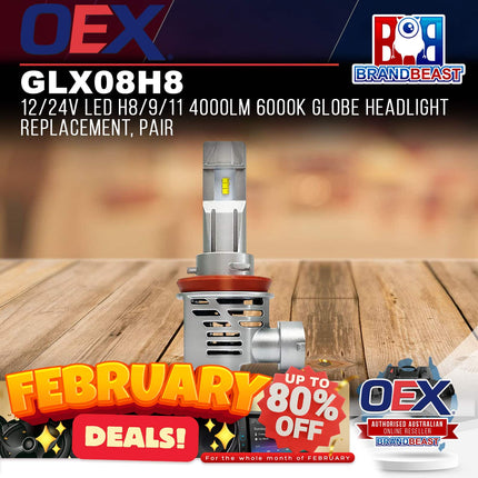 OEX GLX08H8 12/24v Led H8/9/11 4000lm 6000k Globe Headlight Replacement Pair