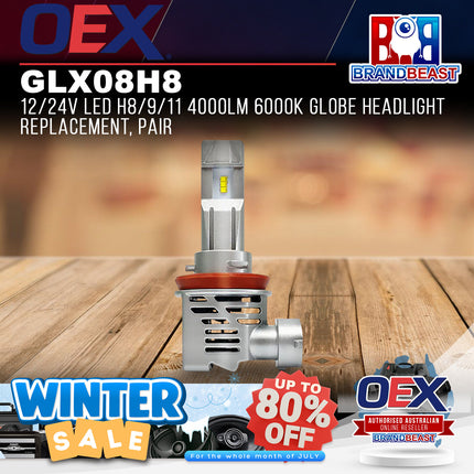 OEX GLX08H8 12/24v Led H8/9/11 4000lm 6000k Globe Headlight Replacement Pair