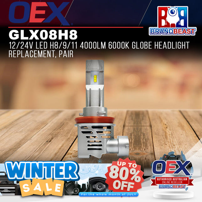 OEX GLX08H8 12/24v Led H8/9/11 4000lm 6000k Globe Headlight Replacement Pair