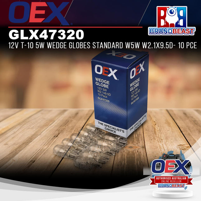 OEX GLX47320 12V T-10 5W Wedge Globes Standard W5W W2.1x9.5d- 10 Pce