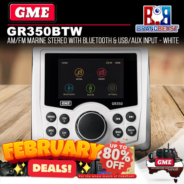 GME GR350BTW AM/FM Marine Stereo with Bluetooth &amp; USB/AUX Input - White