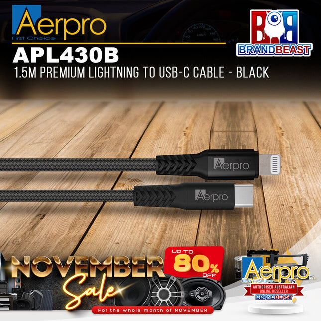 Aerpro APL430B 1.5M Premium MFI Certified Lightning to USB-C Cable - Black