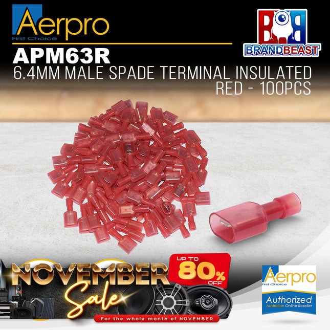 Aerpro APM63R 6.4mm Male Spade Terminal Insulated Red - 100pcs