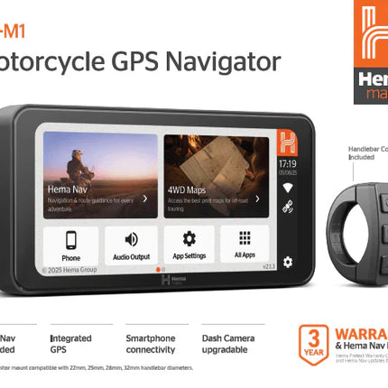 Hema Maps HX-M1 Motorbike and SxS GPS Smart Navigator with Hema Nav 3-Year Subscription and Wireless Apple CarPlay Android Auto