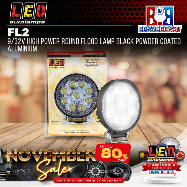 LED Autolamps FL2 9/32V High Power Round Flood Lamp Black Powder Coated Aluminum