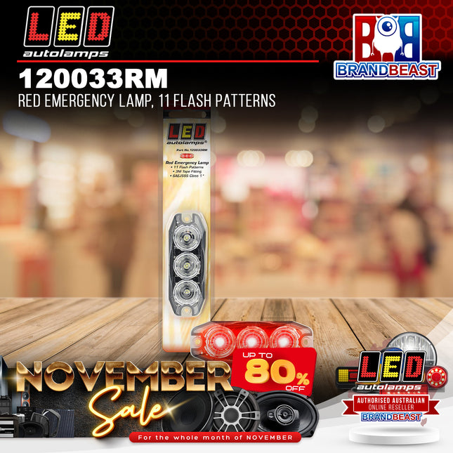 LED Autolamps 120033RM Red Emergency Lamp 11 Flash Patterns Wi