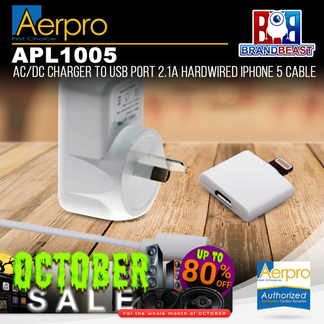 Aerpro APL1005 AC/DC Charger to USB Port 2.1A Hardwired iPhone 5 Cable