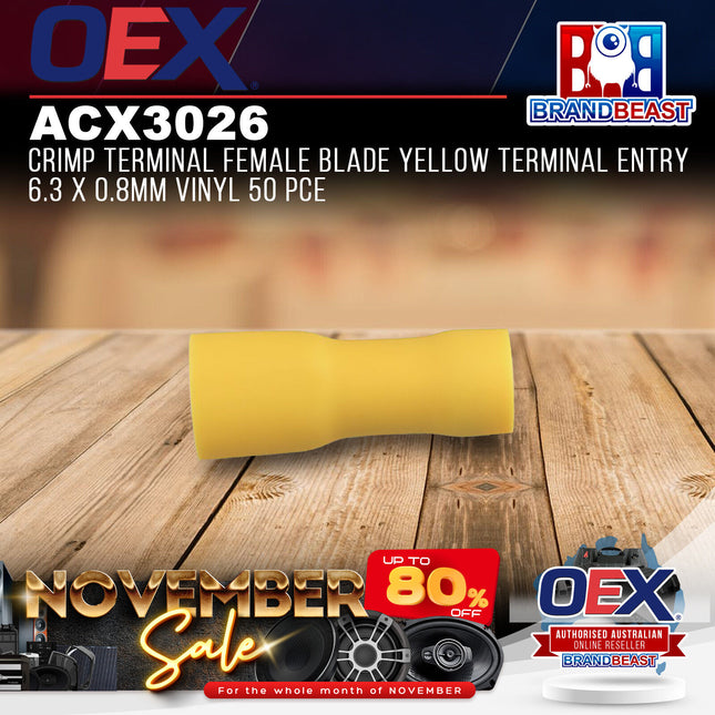 OEX ACX3026 Crimp Terminal Female Blade Yellow Terminal Entry 6.3 x 0.8mm Vinyl
