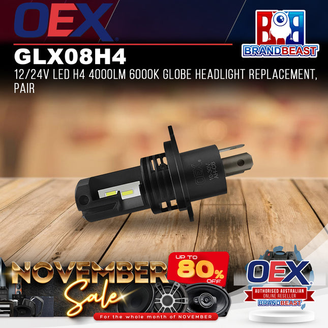 OEX GLX08H4 12/24V LED H4 4000lm 6000k Globe Headlight Pair