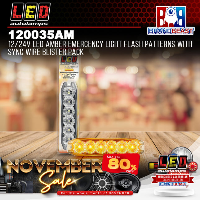 LED Autolamps 120035AM 12/24V LED Amber Emergency Light Patterns Sync Blister