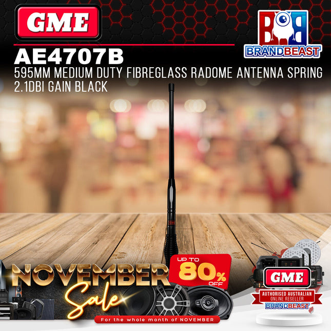 GME AE4707B 595mm Medium Duty Fibreglass Radome Antenna Spring 2.1dbi Gain Black