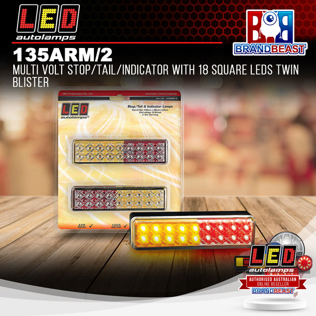 LED Autolamps 135ARM/2 Multi Volt Stop/Tail/Indicator 18 Square LED Twin Blister