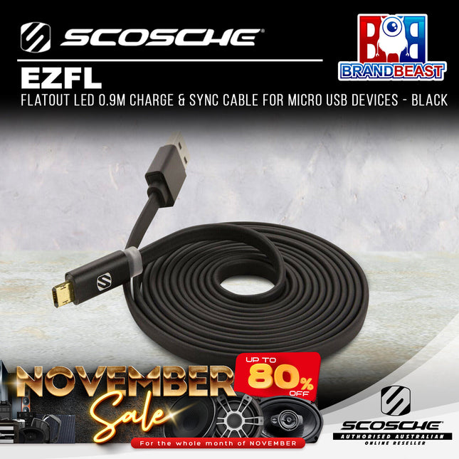 Scosche EZFL FlatOut LED 0.9m Charge & Sync Cable for Micro USB Devices - Black