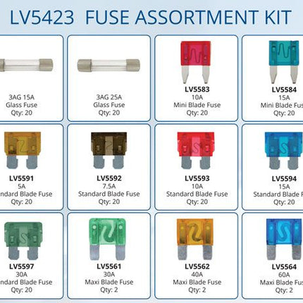 LV Automotive LV5423 288-Piece Fuse Assortment Kit Glass Mini ATS Maxi