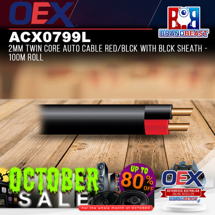 OEX ACX0799L 2mm Twin Core Auto Cable Red/Blck With Blck Sheath - 100m Roll