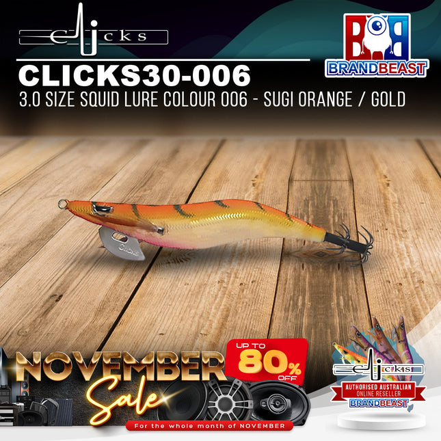 Clicks CLICKS30-006 3.0 Size Squid Lure Colour 006 - Sugi Orange / Gold