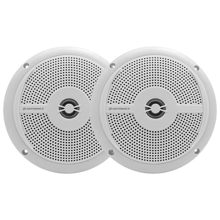 Autobacs M620W 6.5-inch marine speakers with white grilles and weather-resistant construction