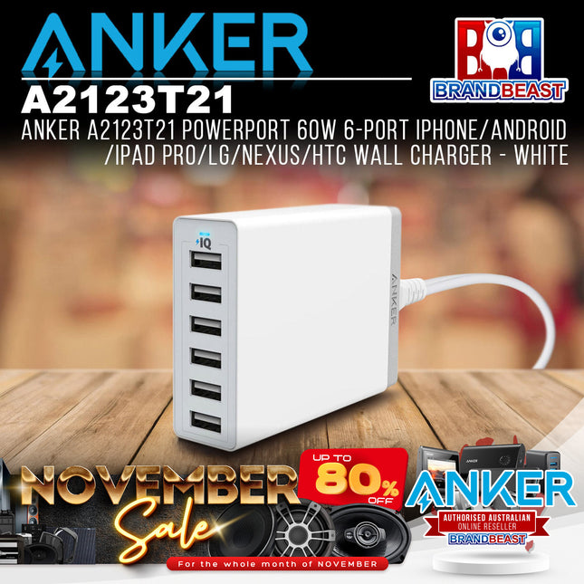 Anker A2123T21 PowerPort 60W 6-Port iPhone/Android/iPad Pro Wall Charger - White