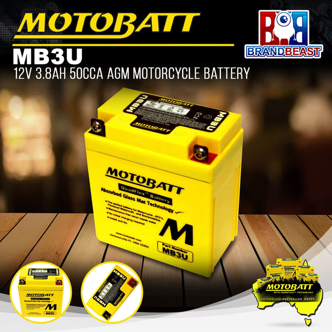 Motobatt MB3U 12V 3.8Ah 50CCA AGM Motorcycle Battery With Quadflex Technology