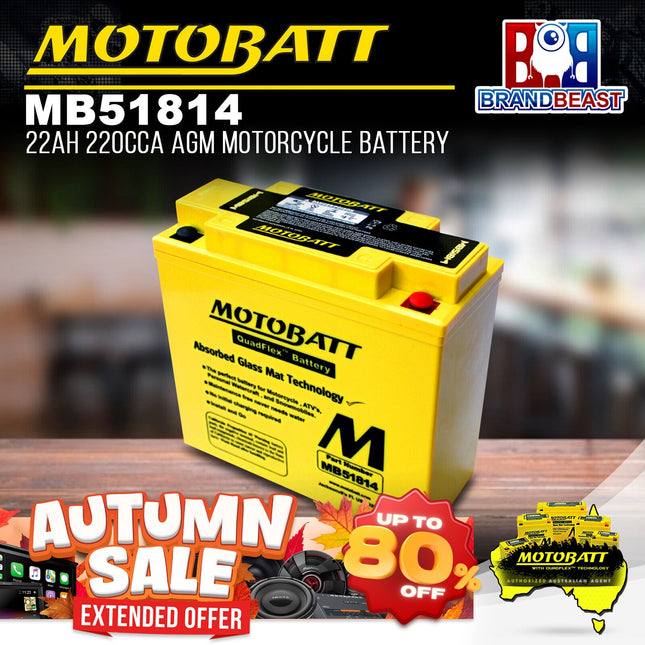 MotoBatt MB51814 12V 22Ah 220CCA AGM Motorcycle Battery With QuadFlex Technology