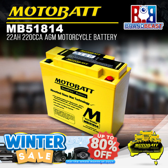 MotoBatt MB51814 12V 22Ah 220CCA AGM Motorcycle Battery With QuadFlex Technology