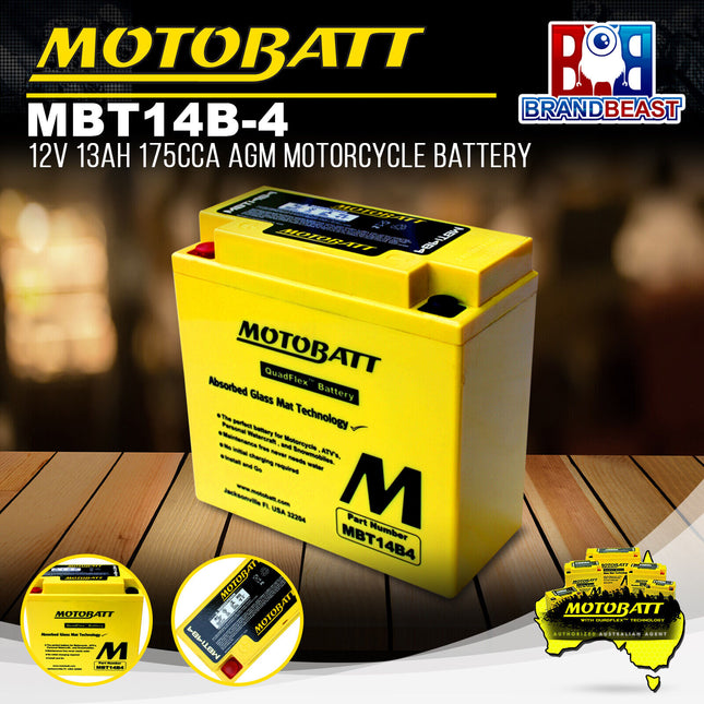 Motobatt MBT14B-4 12V 13Ah 175CCA AGM Motorcycle Battery For Quadflex Technology